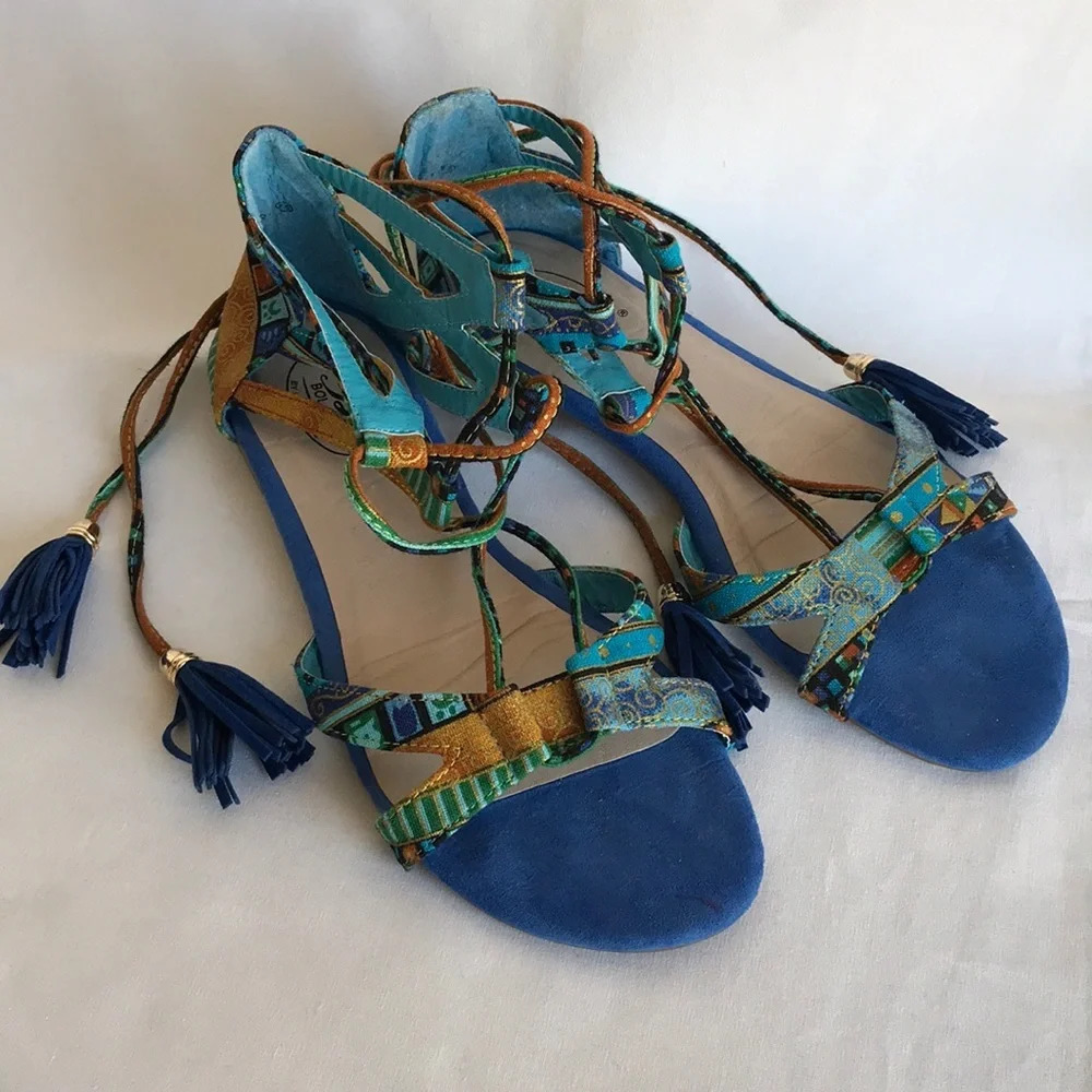 Bolaro by Summer Rio blue print ankle wrap sandals